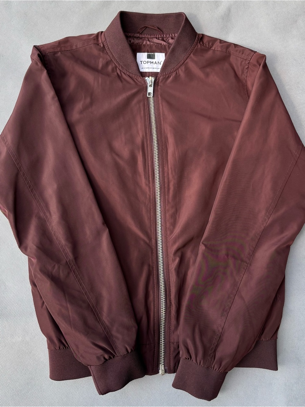 Topman Men’s Burgundy Bomber Jacket with Silver Zipper Size Small